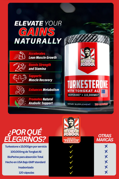 Turkesterone Old School™ – Fuerza, Resistencia y Vitalidad | 120 capsulas  | ENVÍO GRATIS y PAGA AL RECIBIR